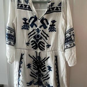 Free People White and Blue Embroidered Dress